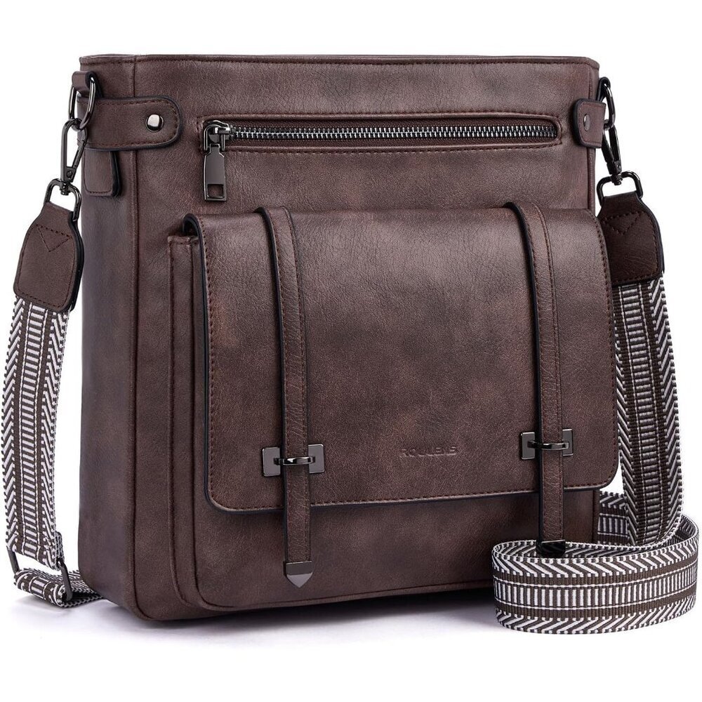 Women’s Coffe Leather Multi-Pocket Travel Purse Crossbody Bag